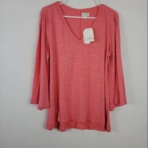 Wonderly Flowy Tunic Womens Size L Wide Flare Sleeve V Neck Coral Pink Classic